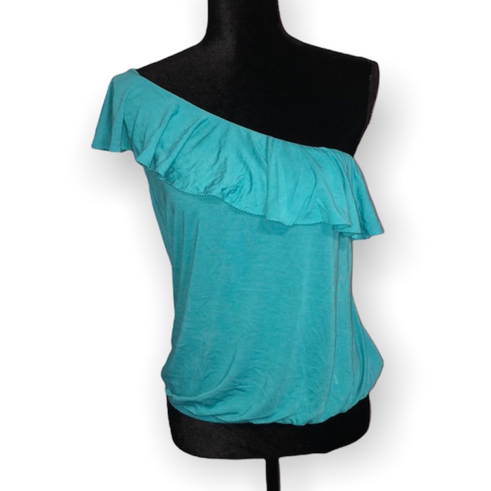 American Eagle Outfitters One Shoulder Ruffle Blue Blouse Large